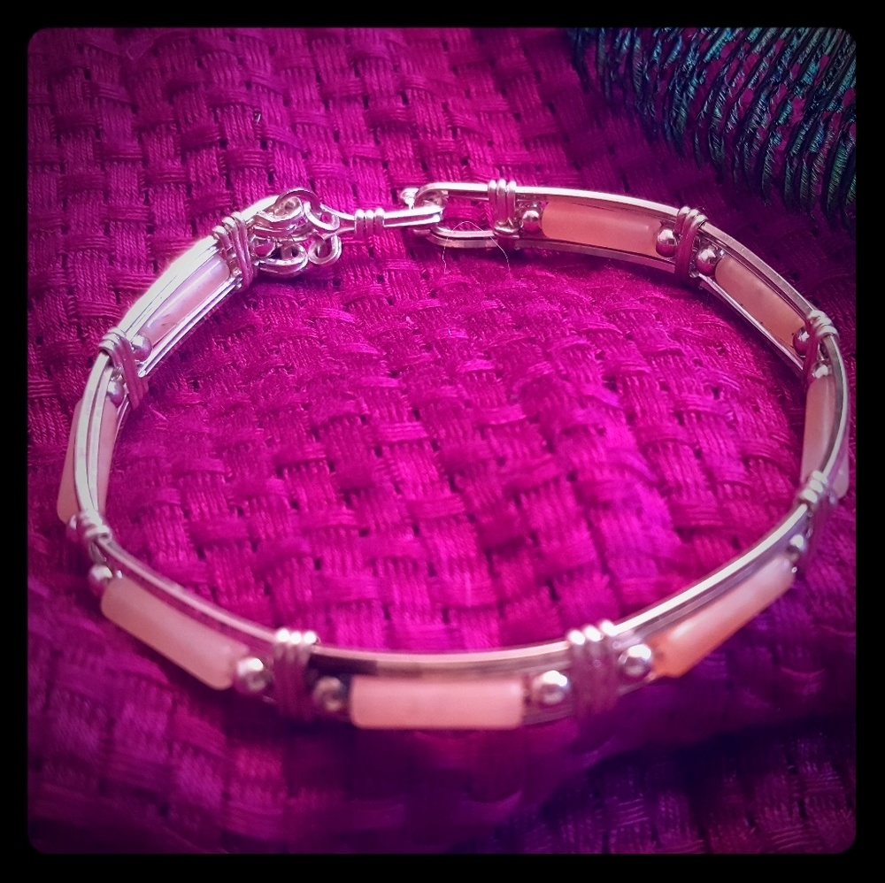 Silver bangle bracelet with peach beads NWOT